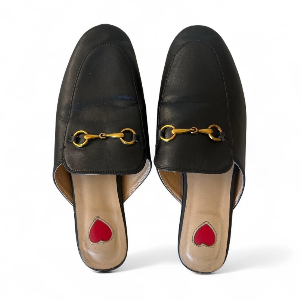 ARQA Black Leather Horsebit Loafers / Mules with Red Heart Detail